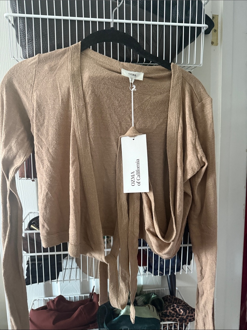 OZMA Tan Wrap-Front Cropped Cardigan